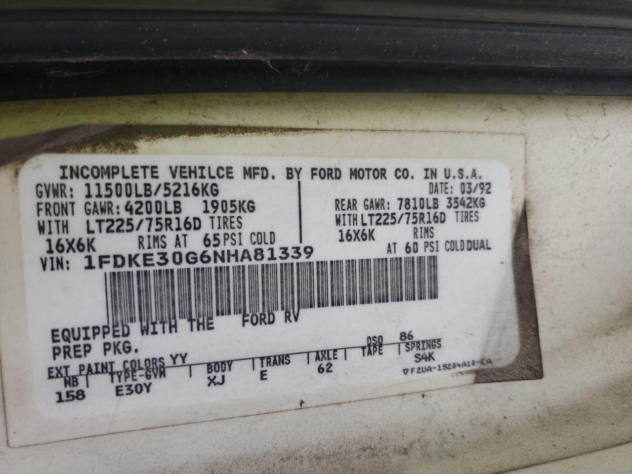 Photo 10 from auction – 1992 FORD ECONOLINE with VIN 1FDKE30G6NHA81339