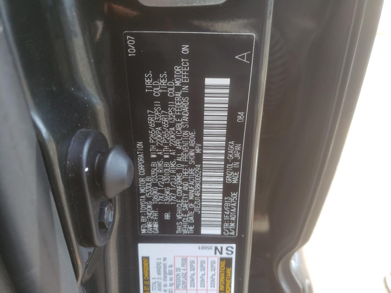 Photo 10 from auction – 2008 TOYOTA 4RUNNER SR with VIN JTEZU14R38K005294