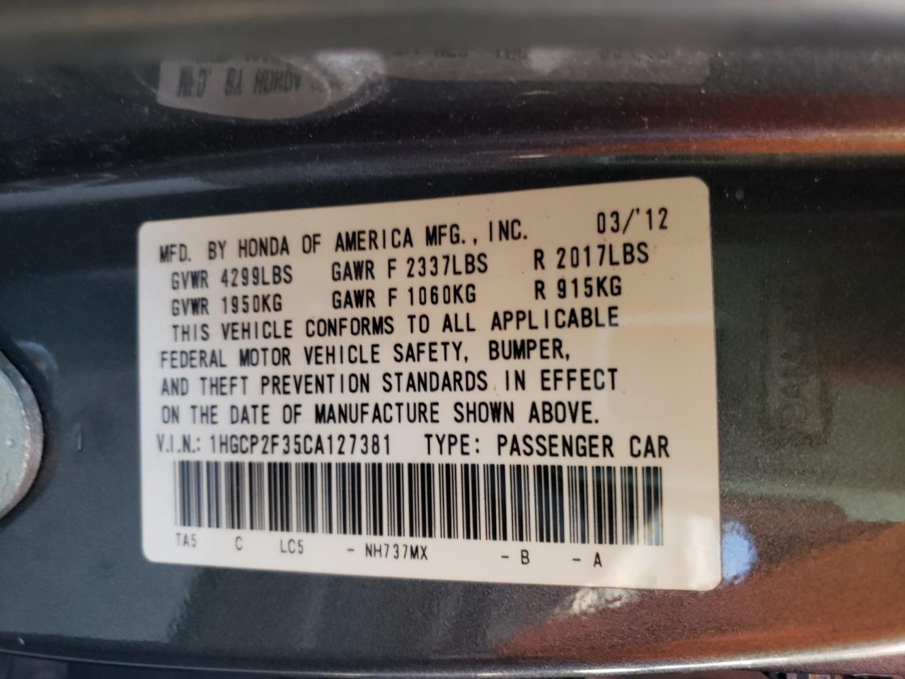 Photo 10 from auction – 2012 HONDA ACCORD LX with VIN 1HGCP2F35CA127381