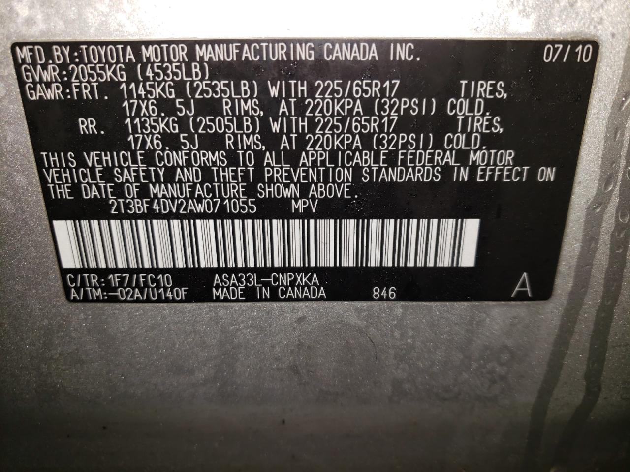 Photo 10 from auction – 2010 TOYOTA RAV4 with VIN 2T3BF4DV2AW071055