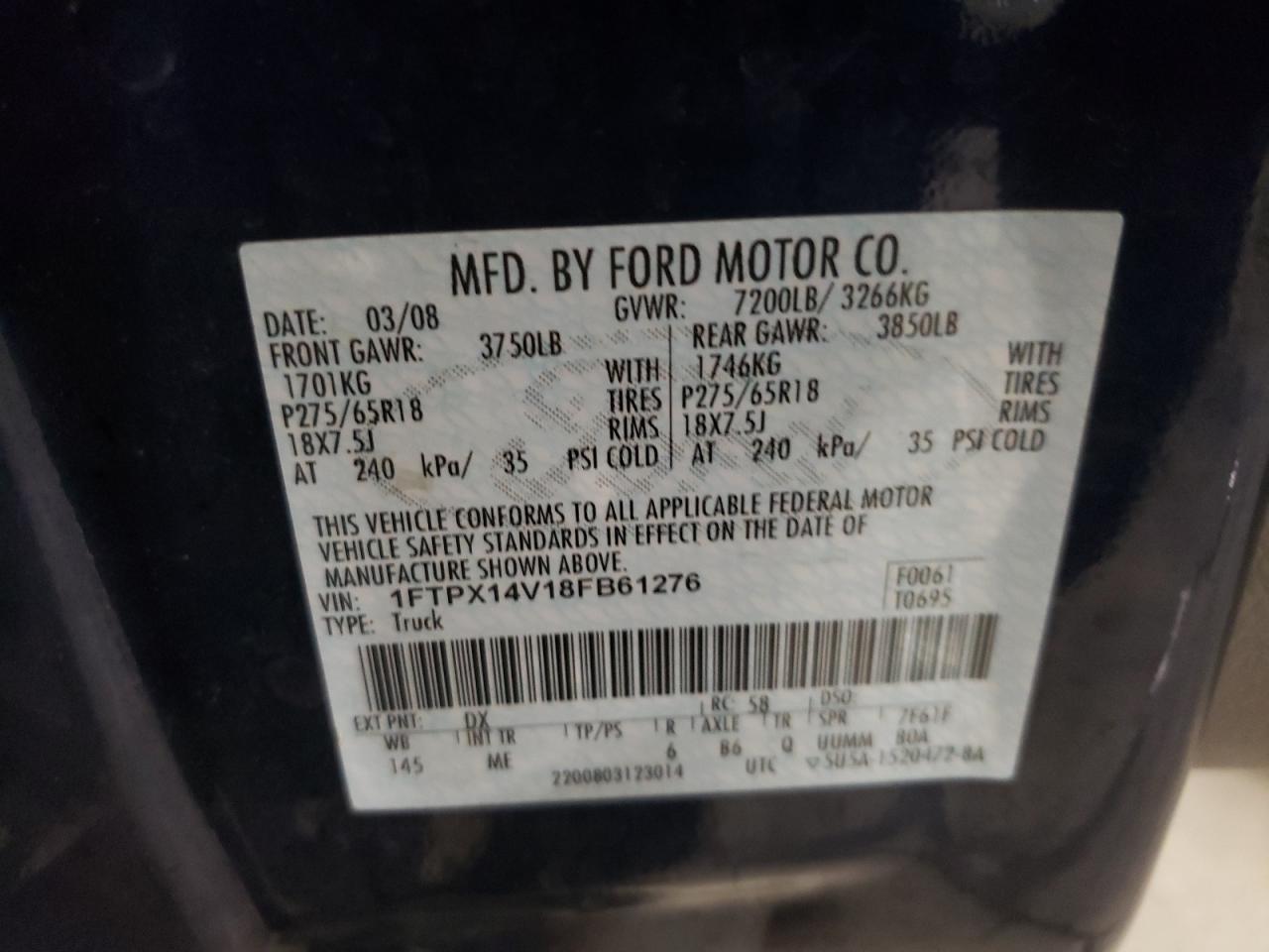 Photo 10 from auction – 2008 FORD F150 with VIN 1FTPX14V18FB61276