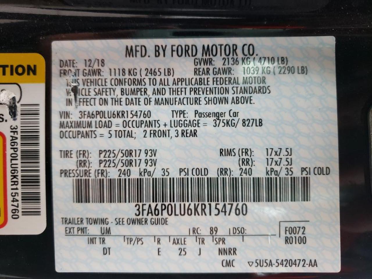 Photo 10 from auction – 2019 FORD FUSION SE with VIN 3FA6P0LU6KR154760