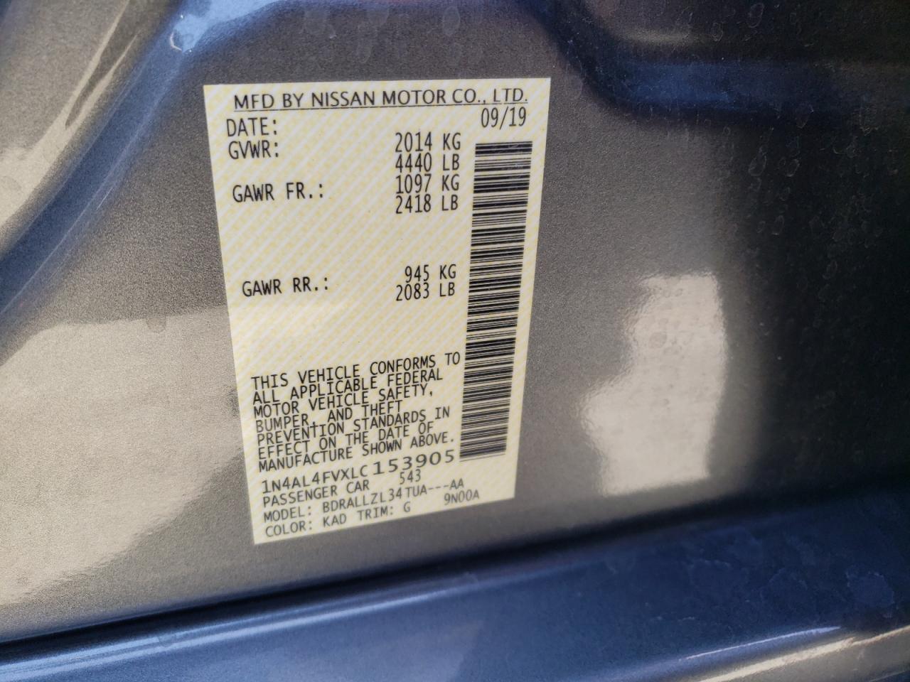 Photo 10 from auction – 2020 NISSAN ALTIMA PLA with VIN 1N4AL4FVXLC153905