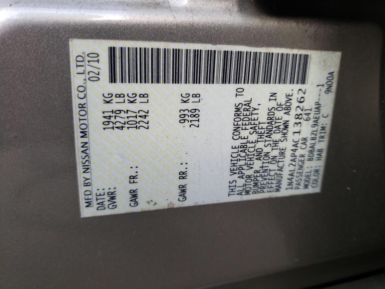 Photo 10 from auction – 2010 NISSAN ALTIMA BAS with VIN 1N4AL2AP4AC138262