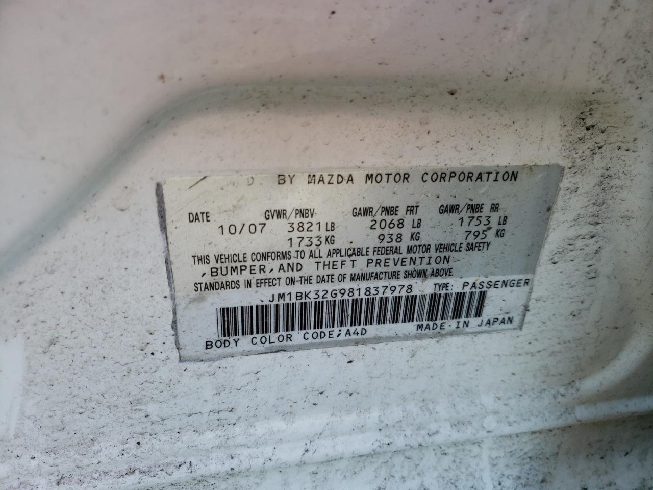 Photo 10 from auction – 2008 MAZDA 3 I with VIN JM1BK32G981837978