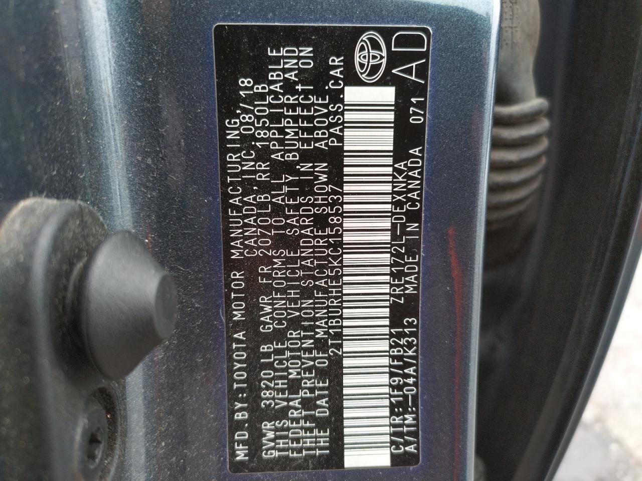 Photo 10 from auction – 2019 TOYOTA COROLLA L with VIN 2T1BURHE5KC158537
