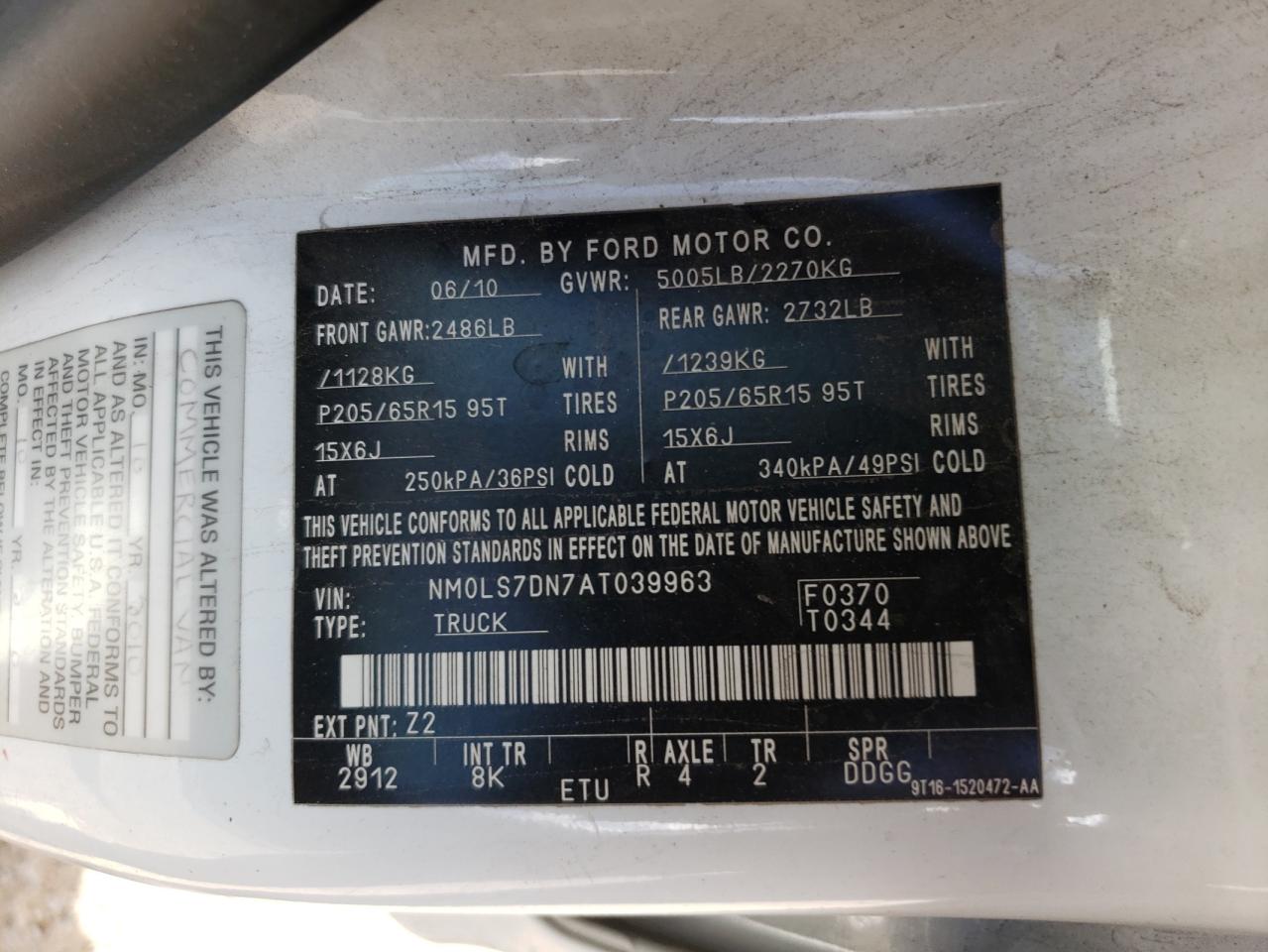Photo 10 from auction – 2010 FORD TRANSIT CO with VIN NM0LS7DN7AT039963