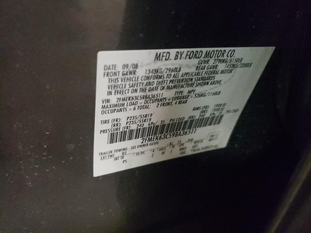 Photo 10 from auction – 2009 FORD FLEX LIMIT with VIN 2FMEK63C59BA36511