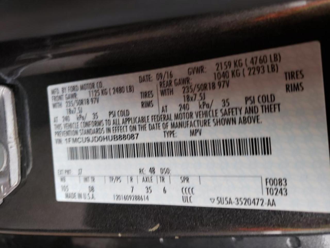 Photo 10 from auction – 2017 FORD ESCAPE TIT with VIN 1FMCU9JD0HUB88087