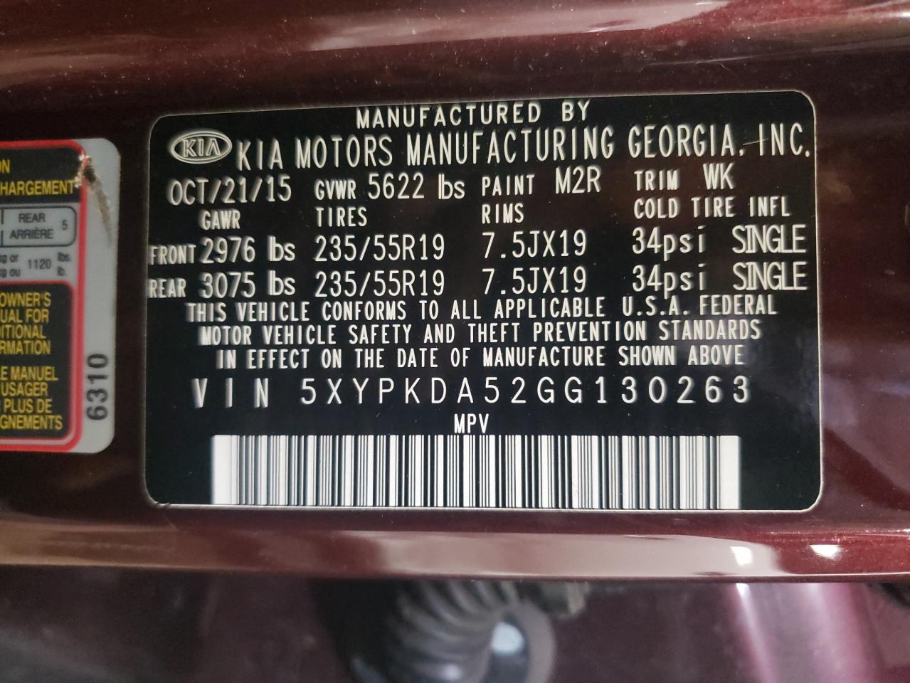 Photo 10 from auction – 2016 KIA SORENTO SX with VIN 5XYPKDA52GG130263