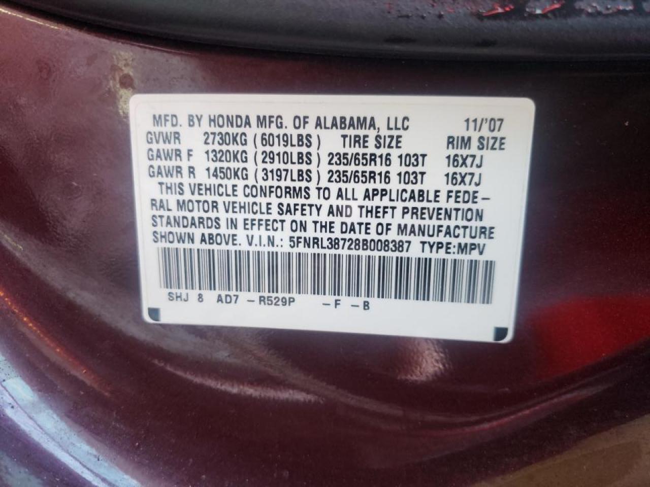 Photo 10 from auction – 2008 HONDA ODYSSEY EX with VIN 5FNRL38728B008387