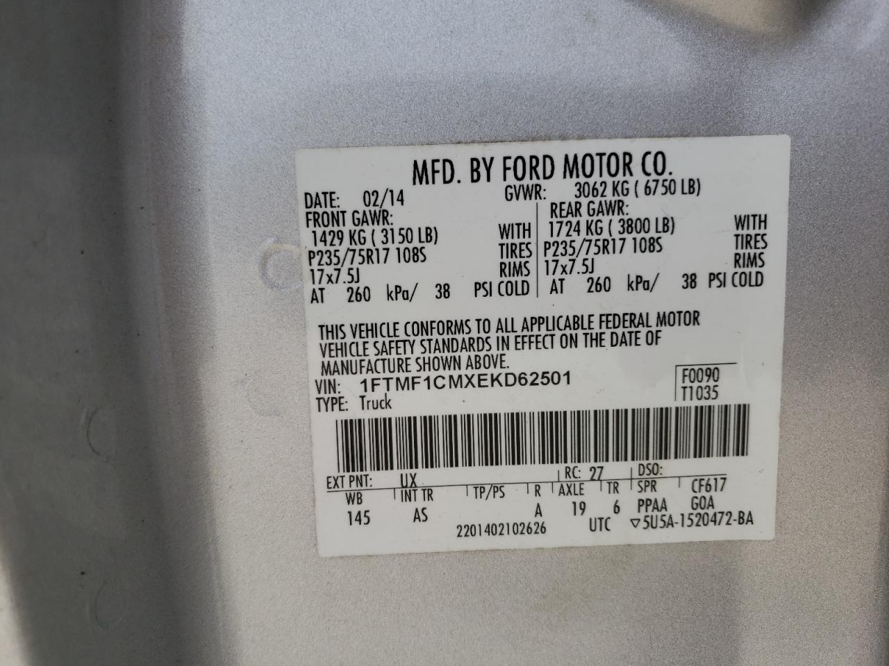Photo 10 from auction – 2014 FORD F150 with VIN 1FTMF1CMXEKD62501