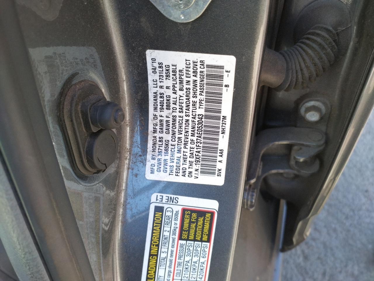 Photo 10 from auction – 2010 HONDA CIVIC VP with VIN 19XFA1F37AE053043