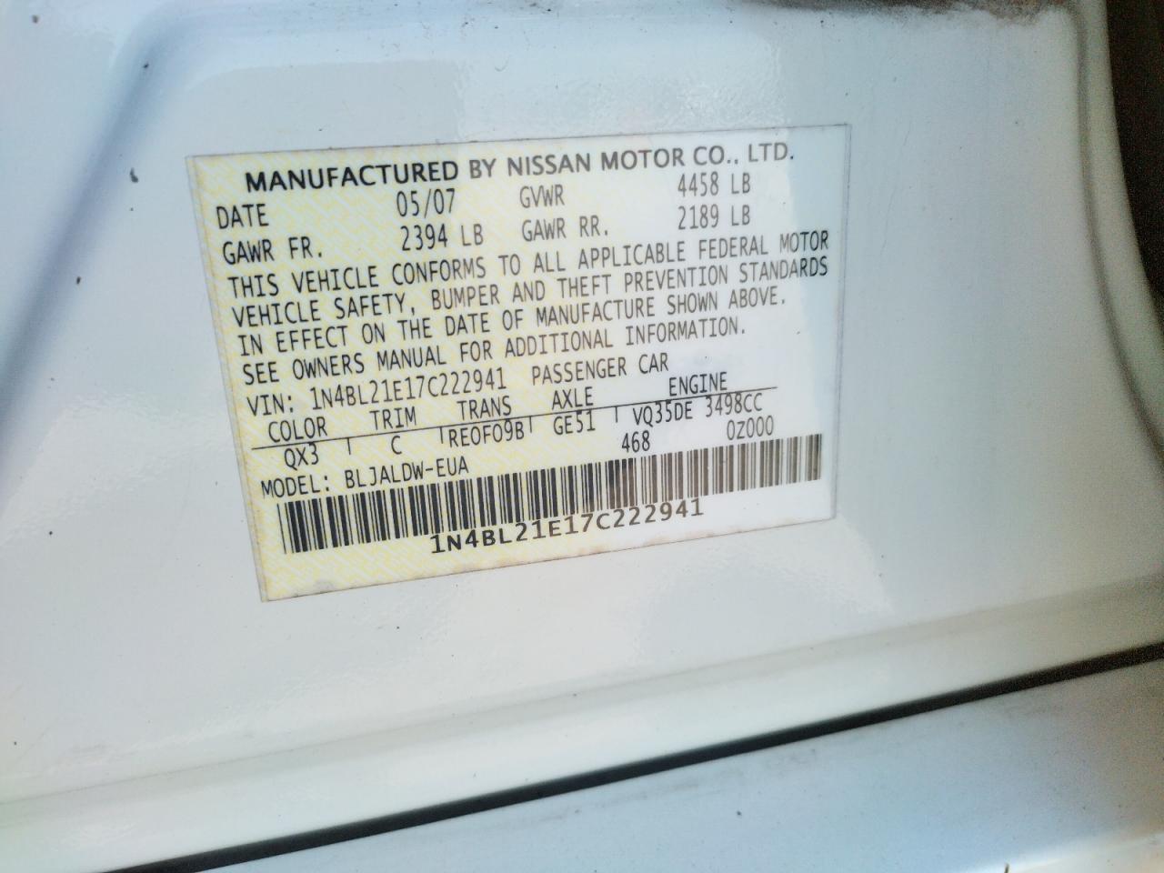 Photo 10 from auction – 2007 NISSAN ALTIMA 3.5 with VIN 1N4BL21E17C222941