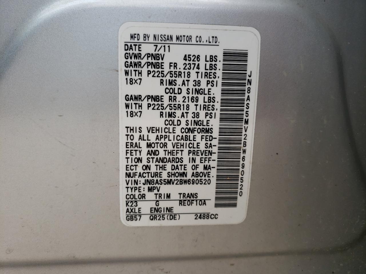 Photo 10 from auction – 2011 NISSAN ROGUE S with VIN JN8AS5MV2BW690520