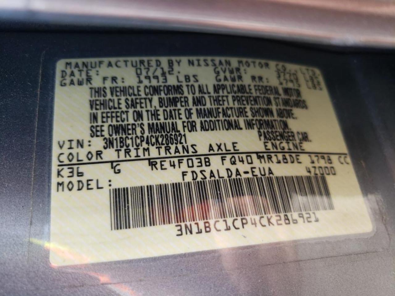 Photo 10 from auction – 2012 NISSAN VERSA S with VIN 3N1BC1CP4CK286921