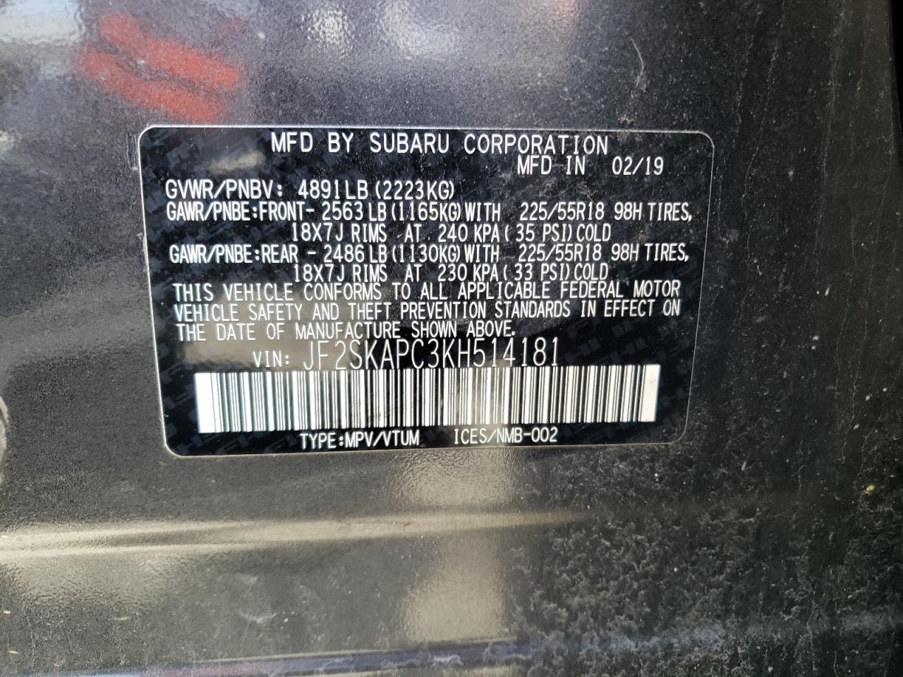 Photo 10 from auction – 2019 SUBARU FORESTER S with VIN JF2SKAPC3KH514181