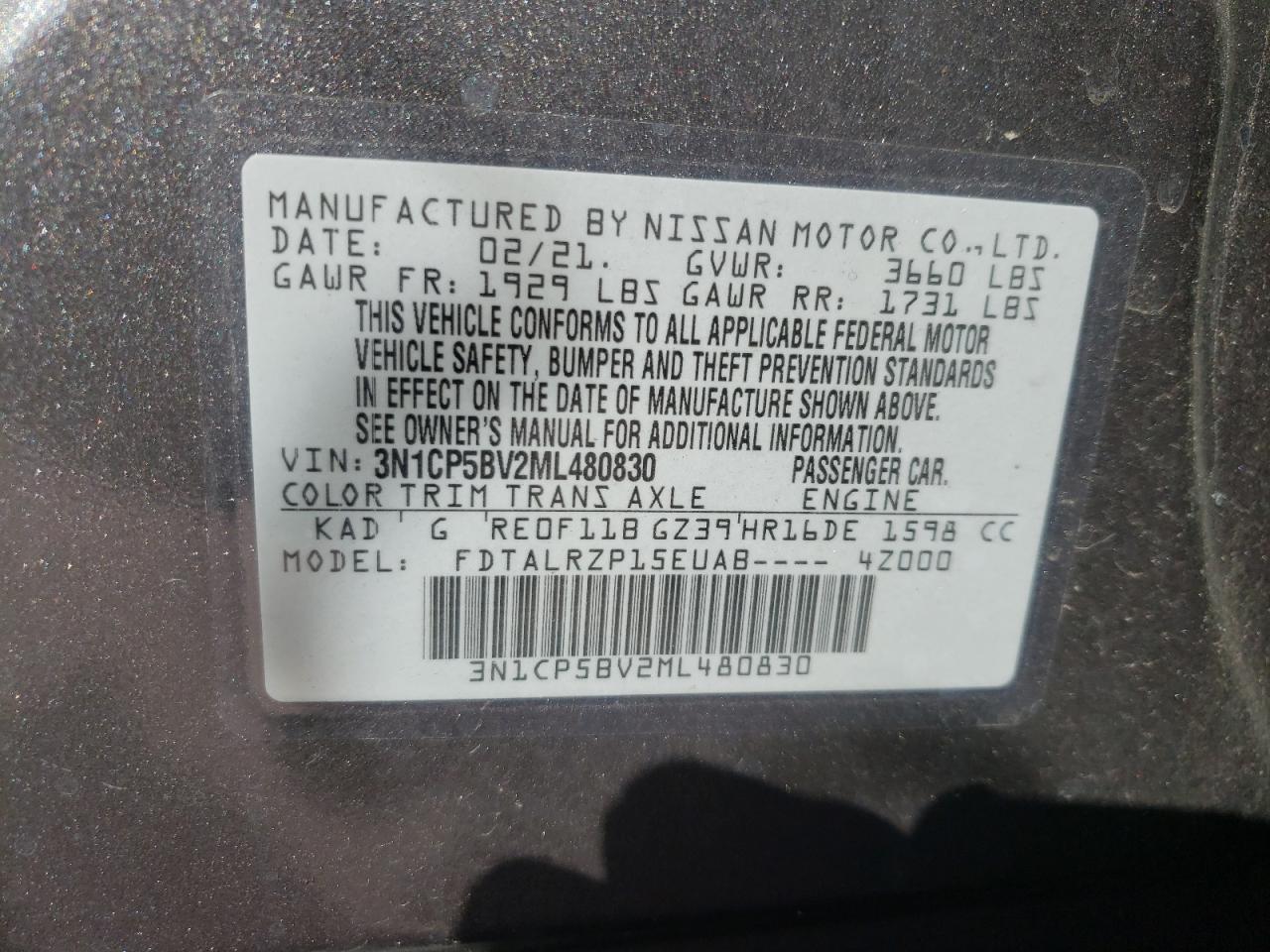 Photo 10 from auction – 2021 NISSAN KICKS S with VIN 3N1CP5BV2ML480830