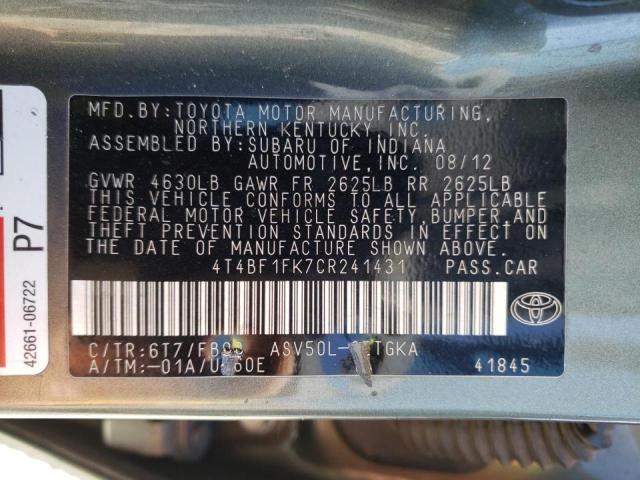 Photo 10 from auction – 2012 TOYOTA CAMRY BASE with VIN 4T4BF1FK7CR241431