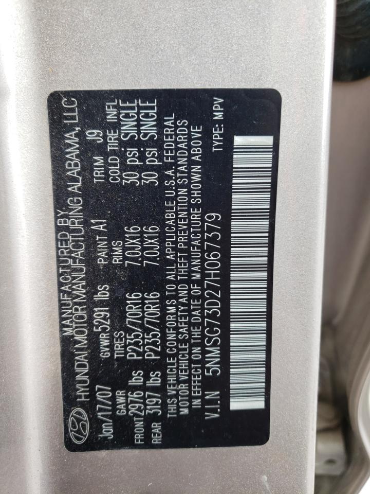 Photo 10 from auction – 2007 HYUNDAI SANTA FE G with VIN 5NMSG73D27H067379