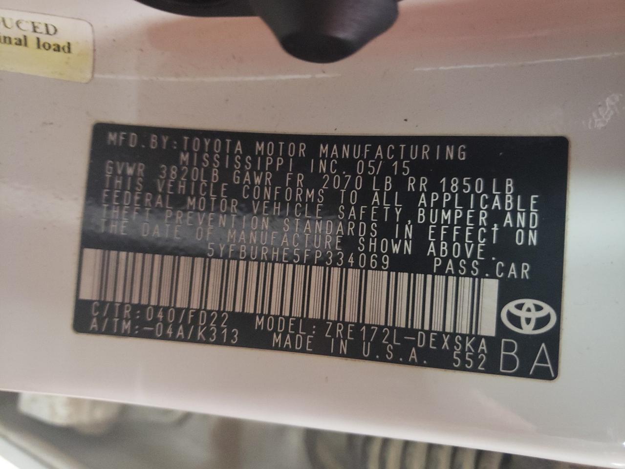 Photo 10 from auction – 2015 TOYOTA COROLLA L with VIN 5YFBURHE5FP334069