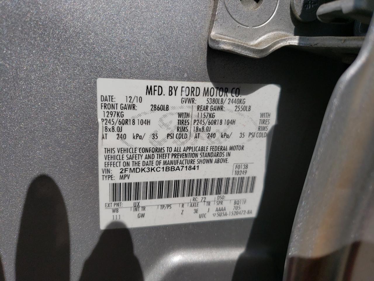 Photo 10 from auction – 2011 FORD EDGE LIMIT with VIN 2FMDK3KC1BBA71841
