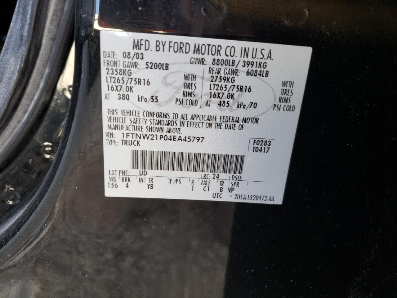 Photo 10 from auction – 2004 FORD F250 SUPER with VIN 1FTNW21P04EA45797