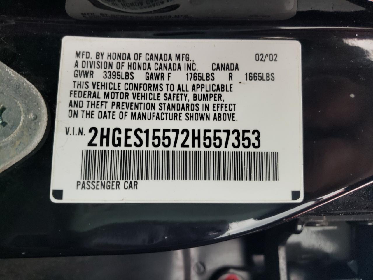 Photo 10 from auction – 2002 HONDA CIVIC LX with VIN 2HGES15572H557353