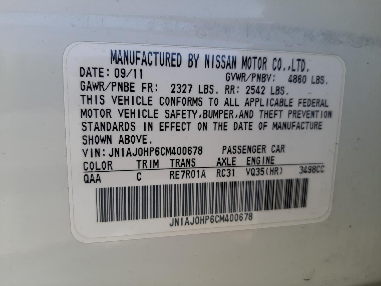 Photo 10 from auction – 2012 INFINITI EX35 BASE with VIN JN1AJ0HP6CM400678