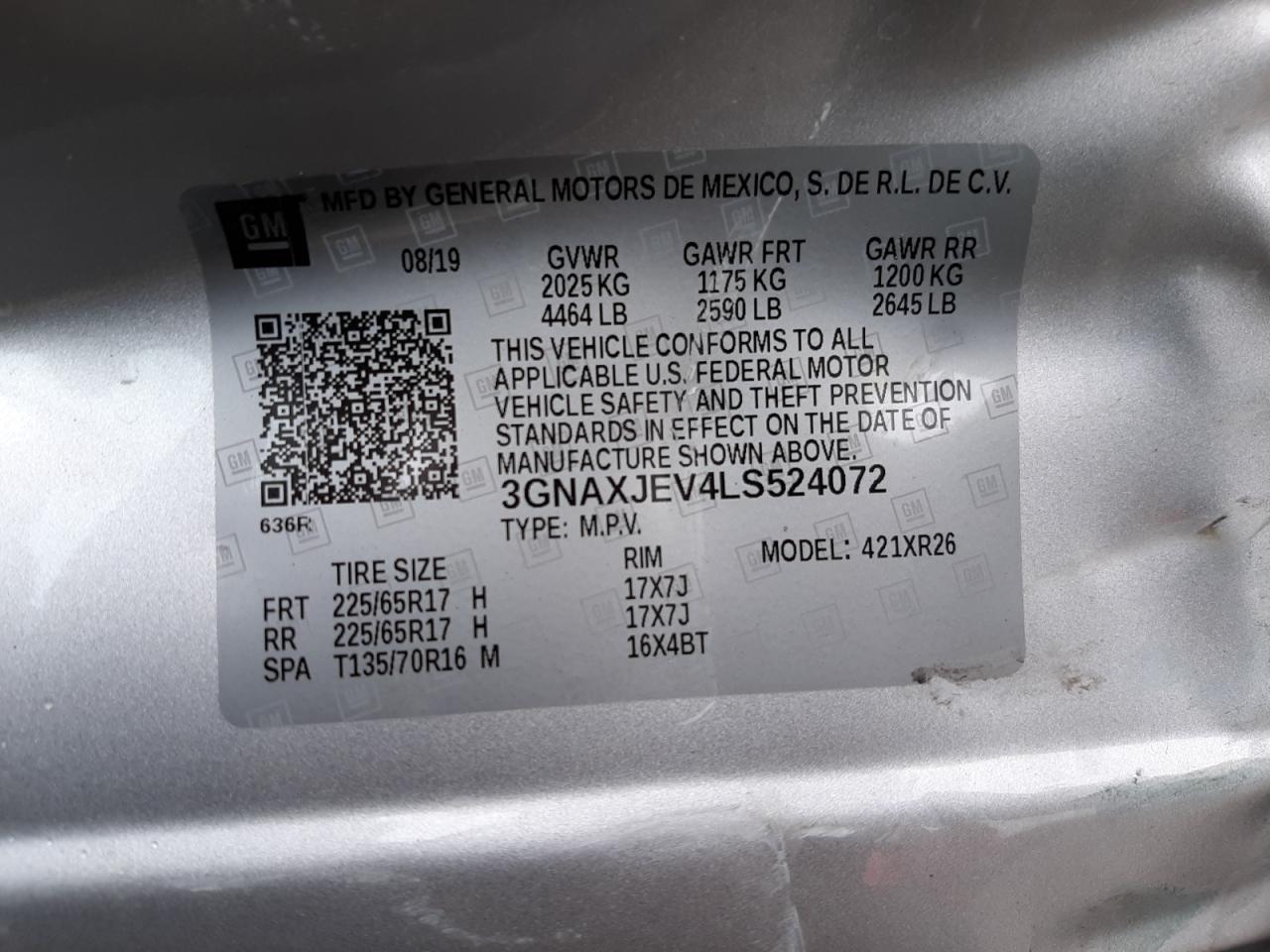 Photo 10 from auction – 2020 CHEVROLET EQUINOX LT with VIN 3GNAXJEV4LS524072