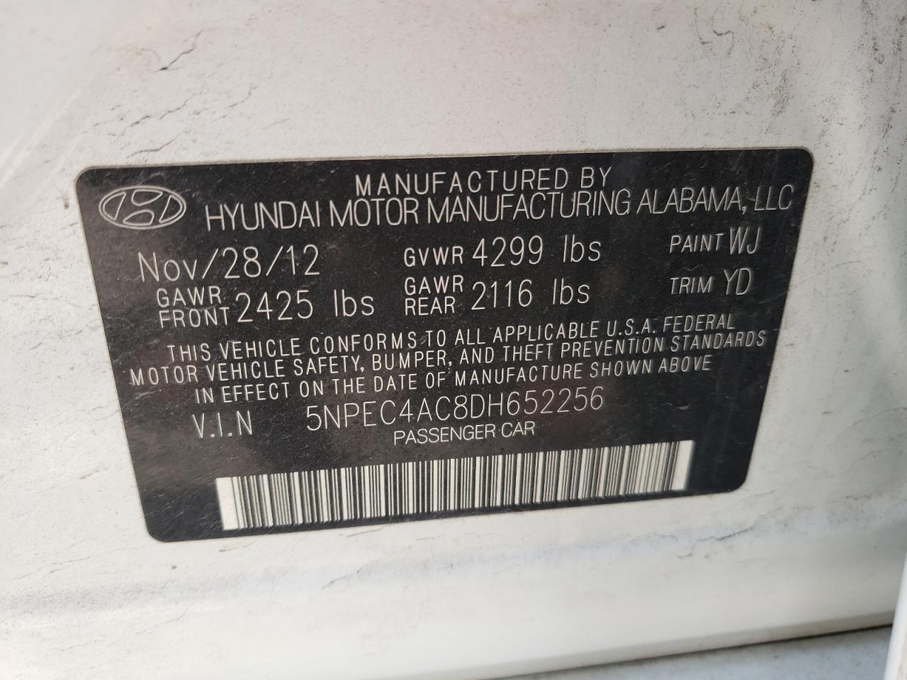 Photo 10 from auction – 2013 HYUNDAI SONATA SE with VIN 5NPEC4AC8DH652256