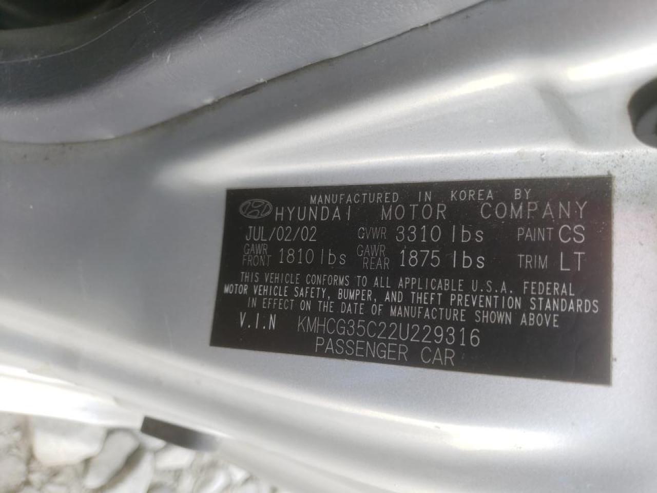 Photo 10 from auction – 2002 HYUNDAI ACCENT GS with VIN KMHCG35C22U229316