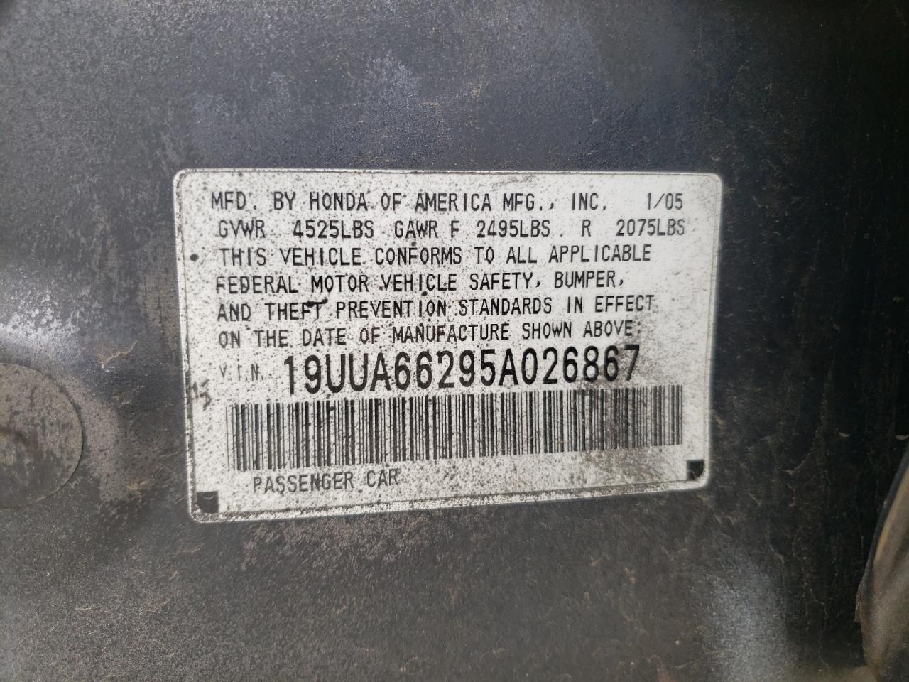 Photo 10 from auction – 2005 ACURA TL with VIN 19UUA66295A026867