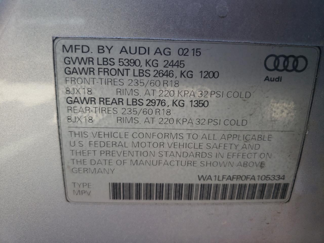 Photo 10 from auction – 2015 AUDI Q5 PREMIUM with VIN WA1LFAFP0FA105334