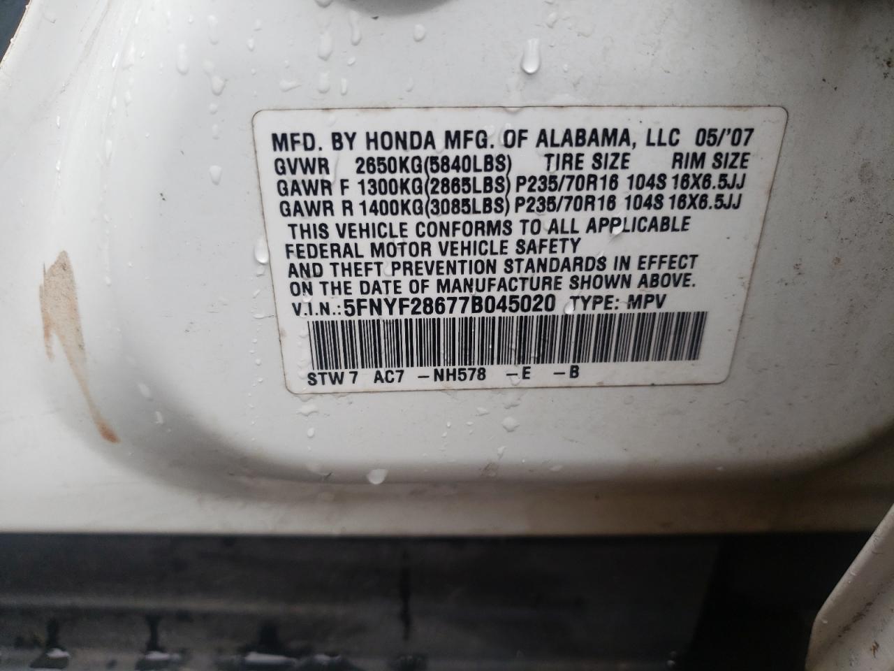 Foto 10 de la subasta – 2007 HONDA PILOT EXL con VIN 5FNYF28677B045020