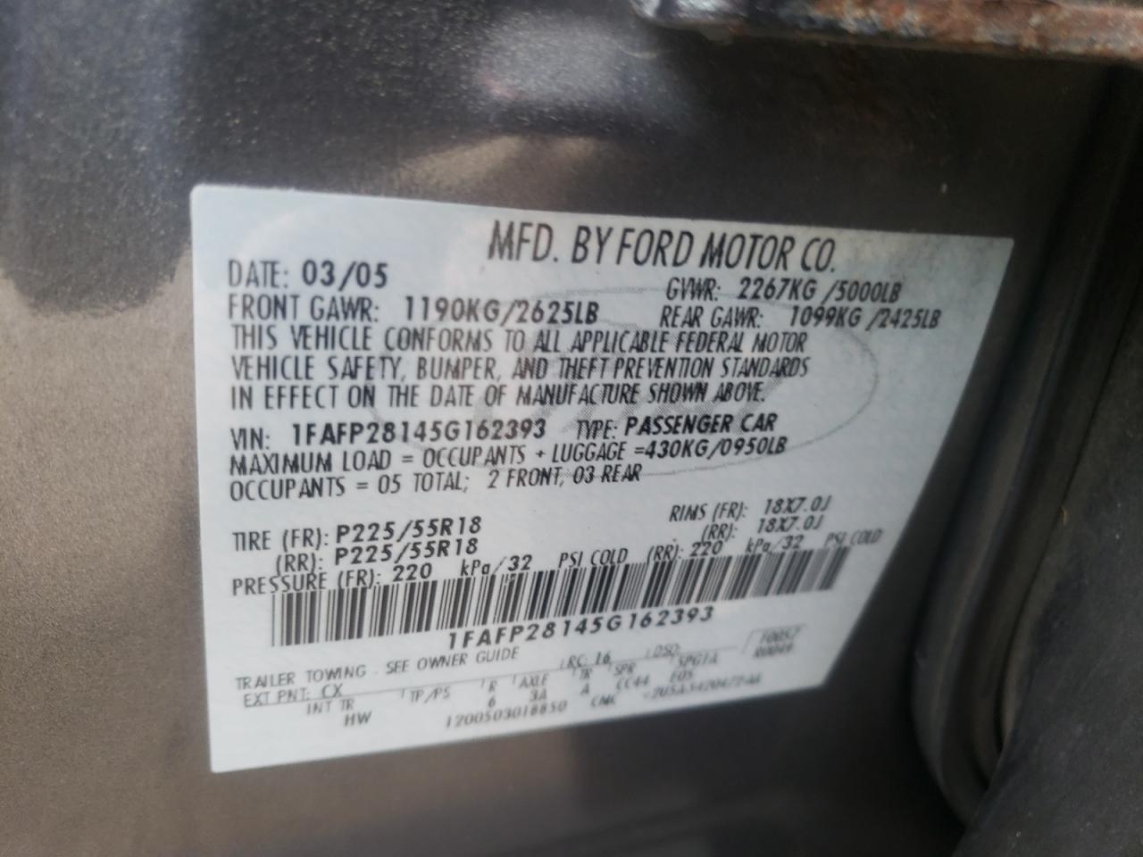 Photo 10 from auction – 2005 FORD FIVE HUNDR with VIN 1FAFP28145G162393