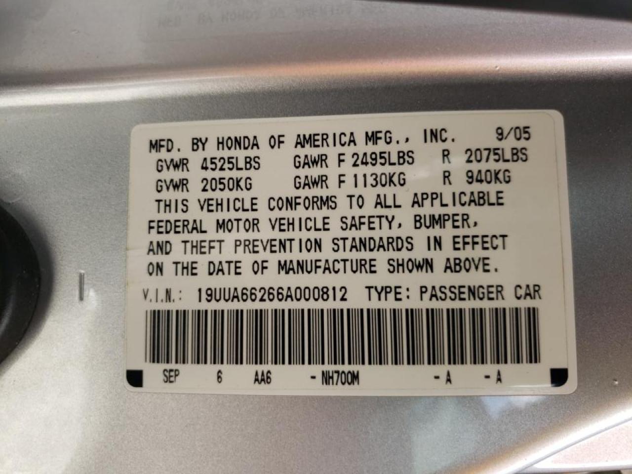 Photo 10 from auction – 2006 ACURA 3.2TL with VIN 19UUA66266A000812