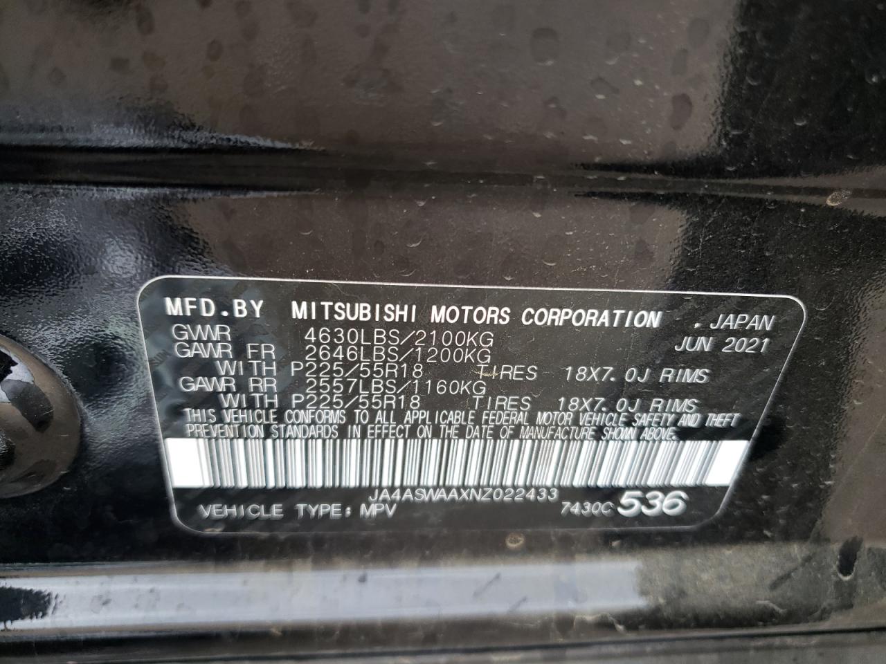 Photo 10 from auction – 2022 MITSUBISHI ECLIPSE CR with VIN JA4ASWAAXNZ022433