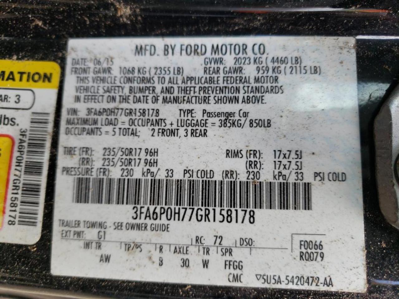 Photo 10 from auction – 2016 FORD FUSION SE with VIN 3FA6P0H77GR158178
