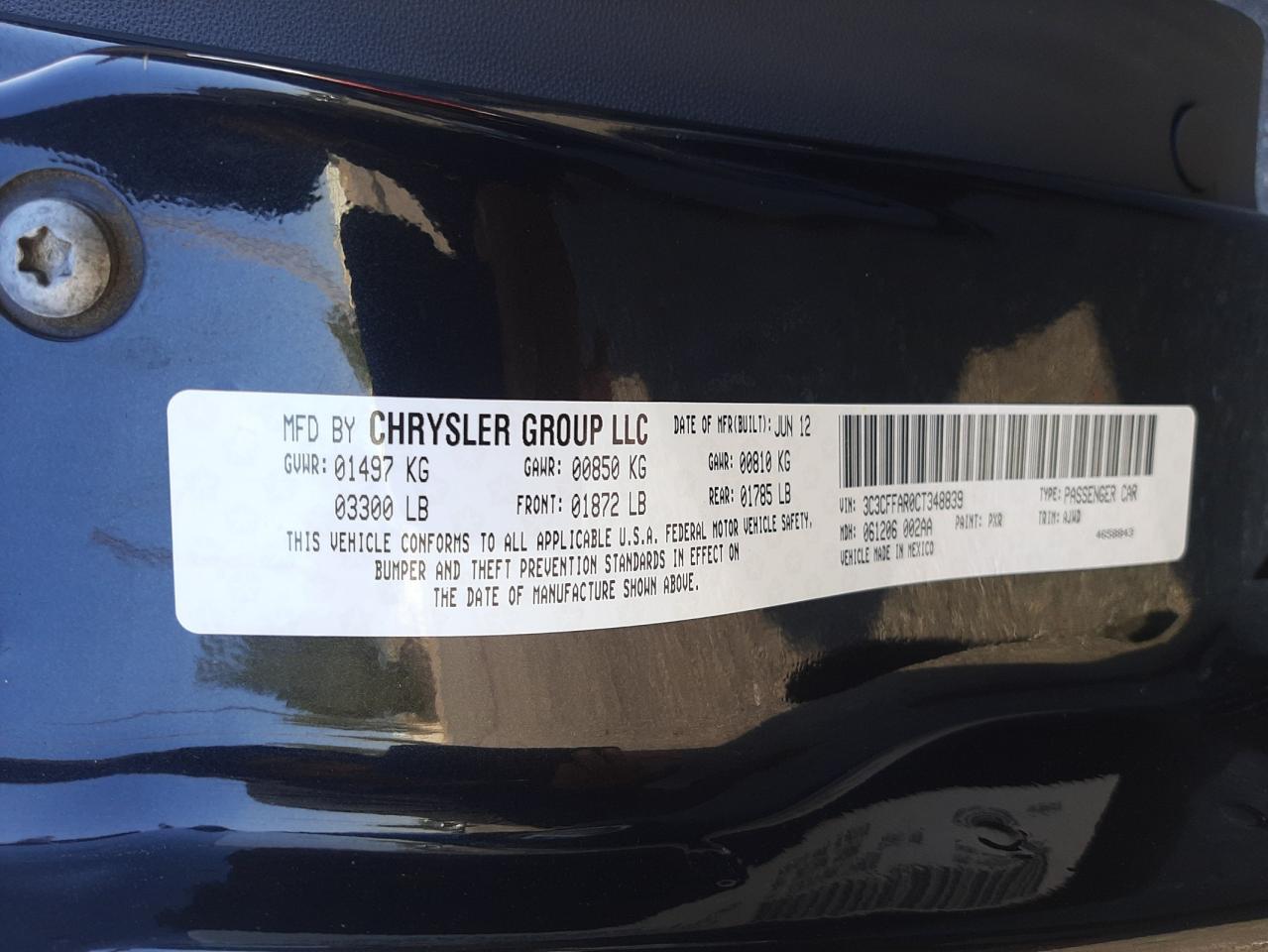 Photo 10 from auction – 2012 FIAT 500 with VIN 3C3CFFAR0CT348839
