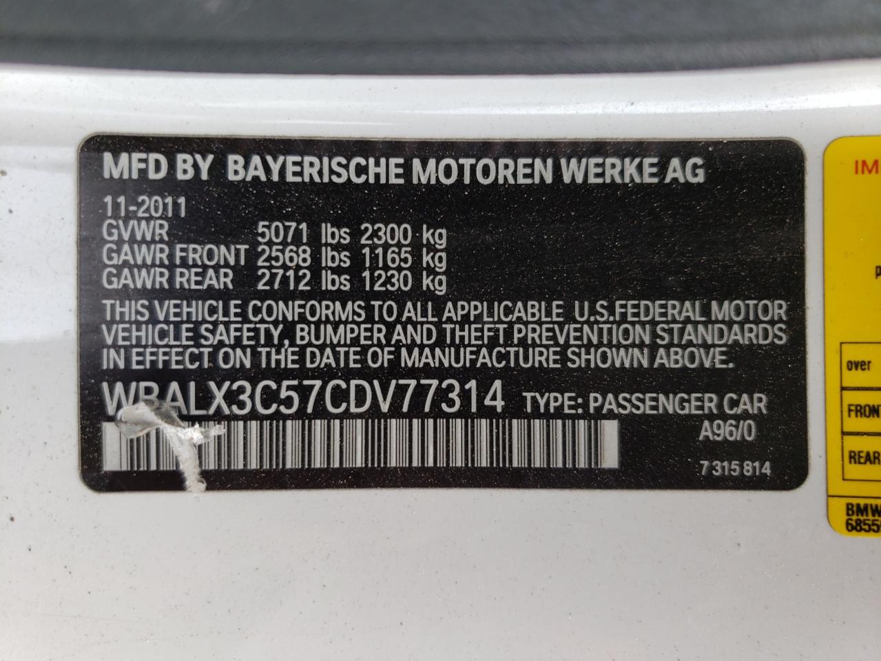 Photo 10 from auction – 2012 BMW 650 I with VIN WBALX3C57CDV77314