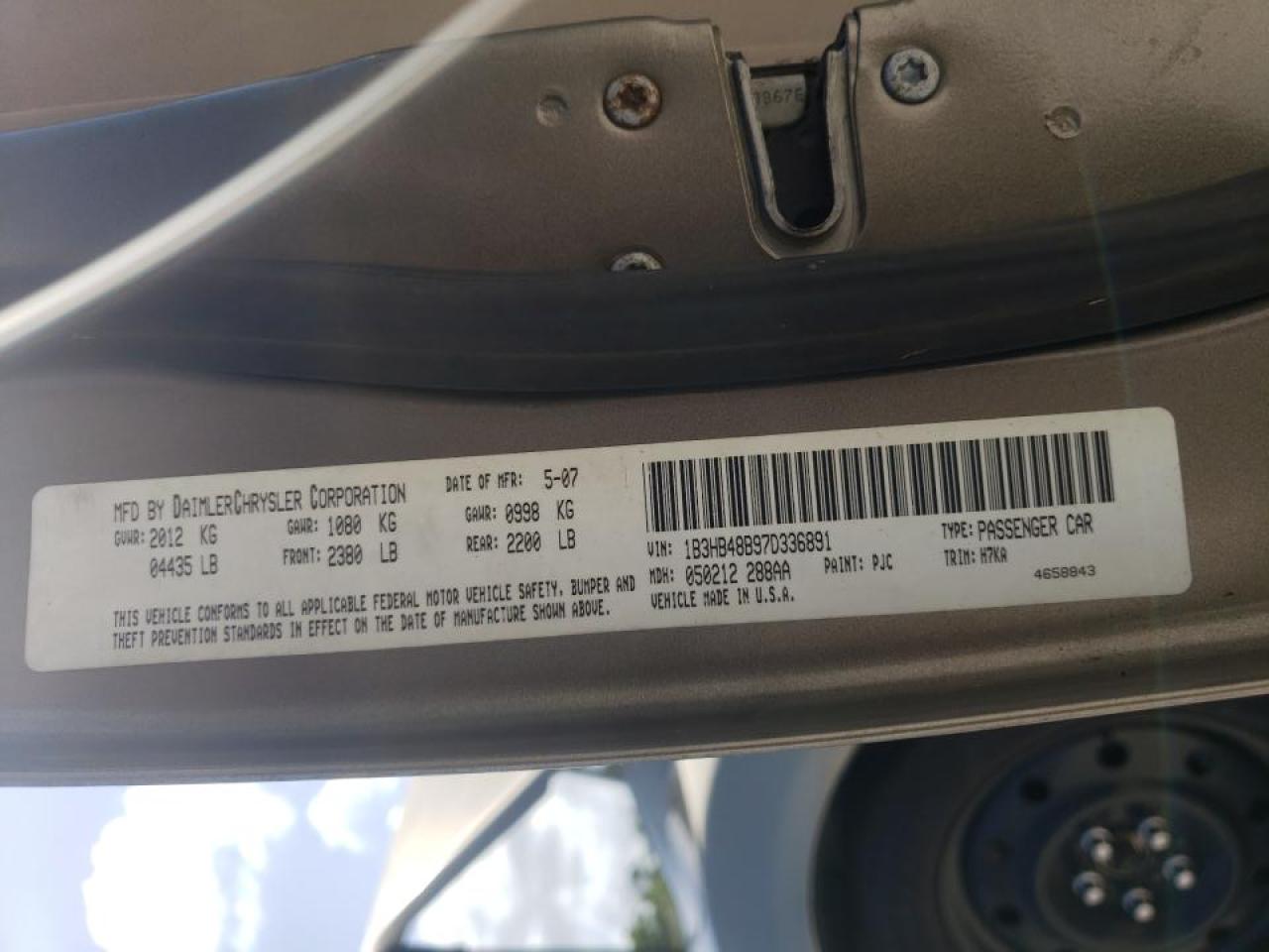 Photo 10 from auction – 2007 DODGE CALIBER SX with VIN 1B3HB48B97D336891