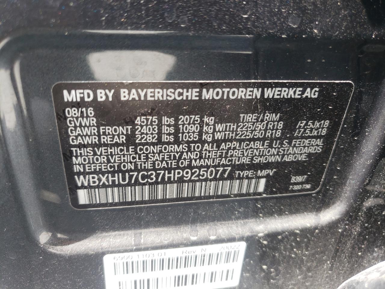 Photo 10 from auction – 2017 BMW X1 SDRIVE2 with VIN WBXHU7C37HP925077