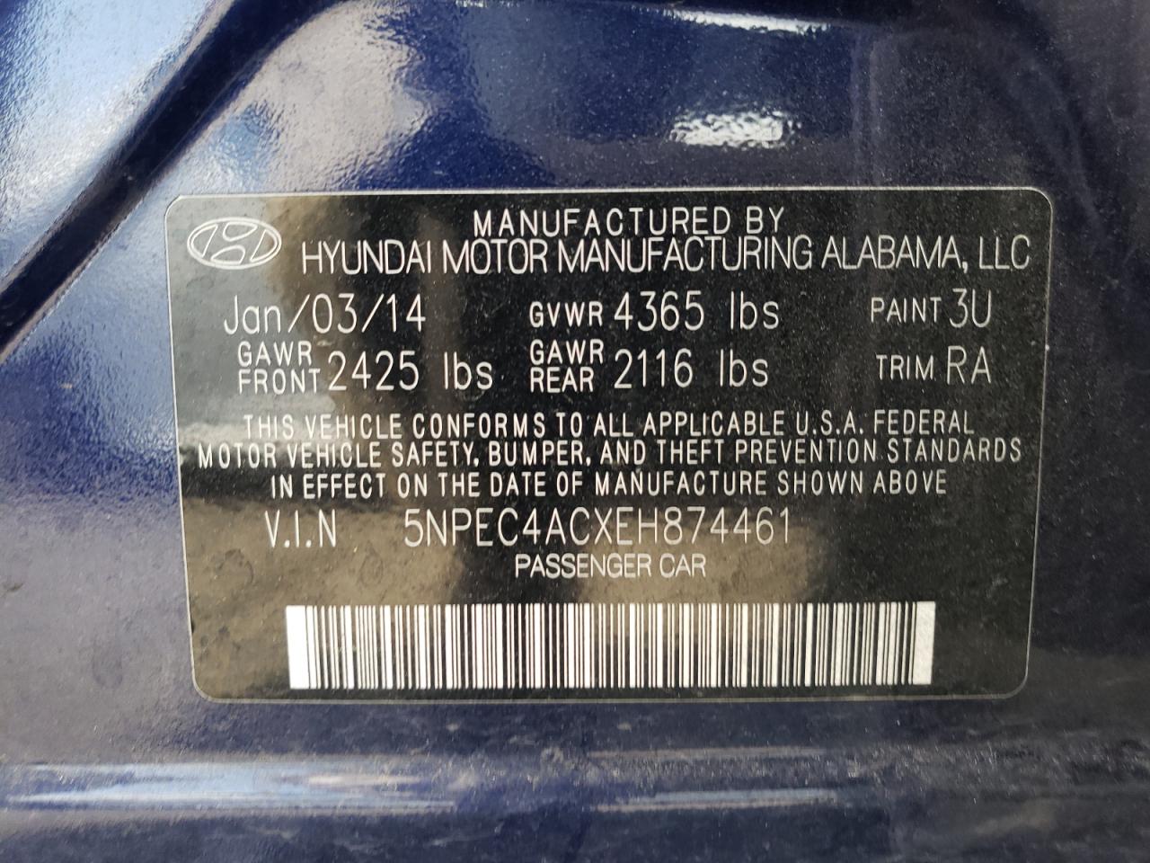 Photo 10 from auction – 2014 HYUNDAI SONATA SE with VIN 5NPEC4ACXEH874461