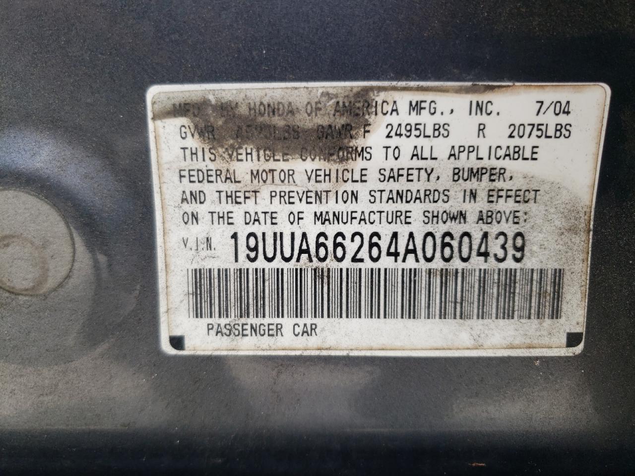 Photo 10 from auction – 2004 ACURA TL with VIN 19UUA66264A060439