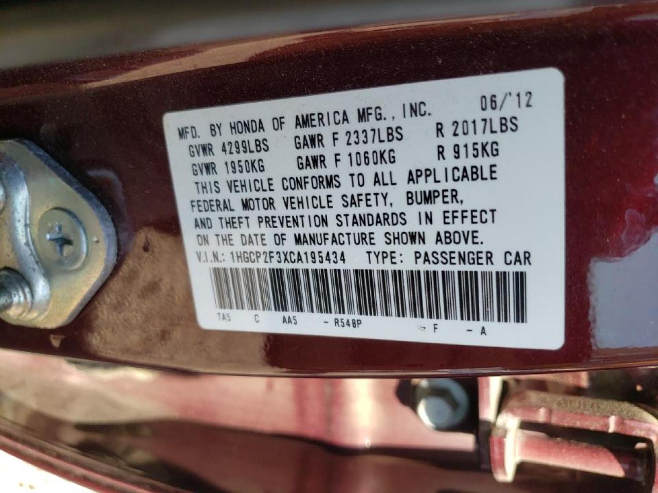 Photo 10 from auction – 2012 HONDA ACCORD LX with VIN 1HGCP2F3XCA195434