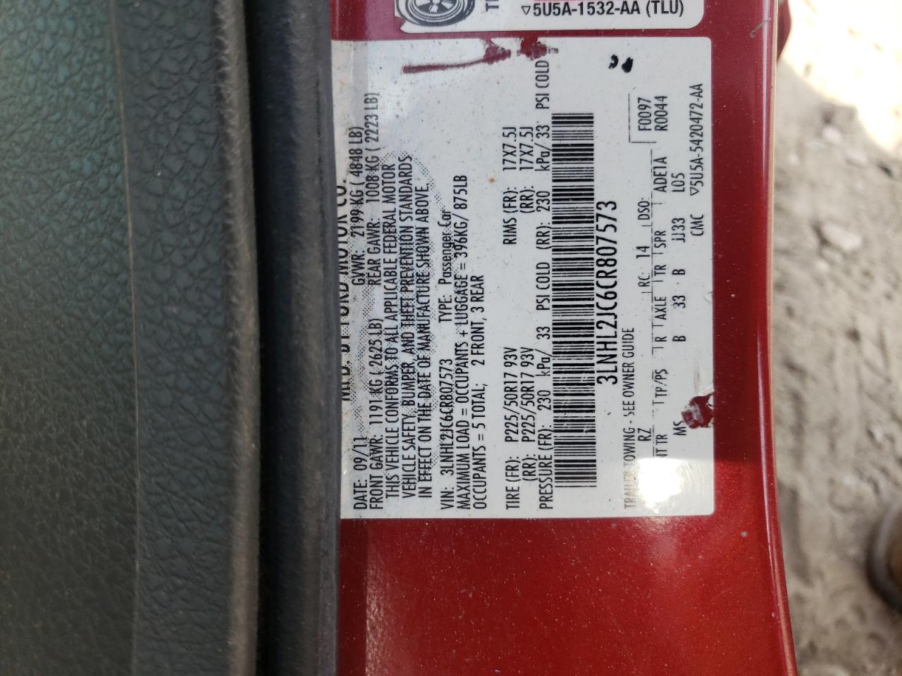 Photo 10 from auction – 2012 LINCOLN MKZ with VIN 3LNHL2JC6CR807573