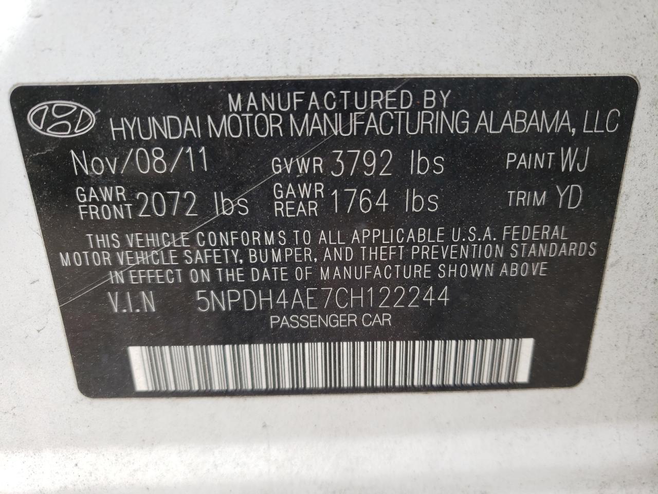 Photo 10 from auction – 2012 HYUNDAI ELANTRA GL with VIN 5NPDH4AE7CH122244