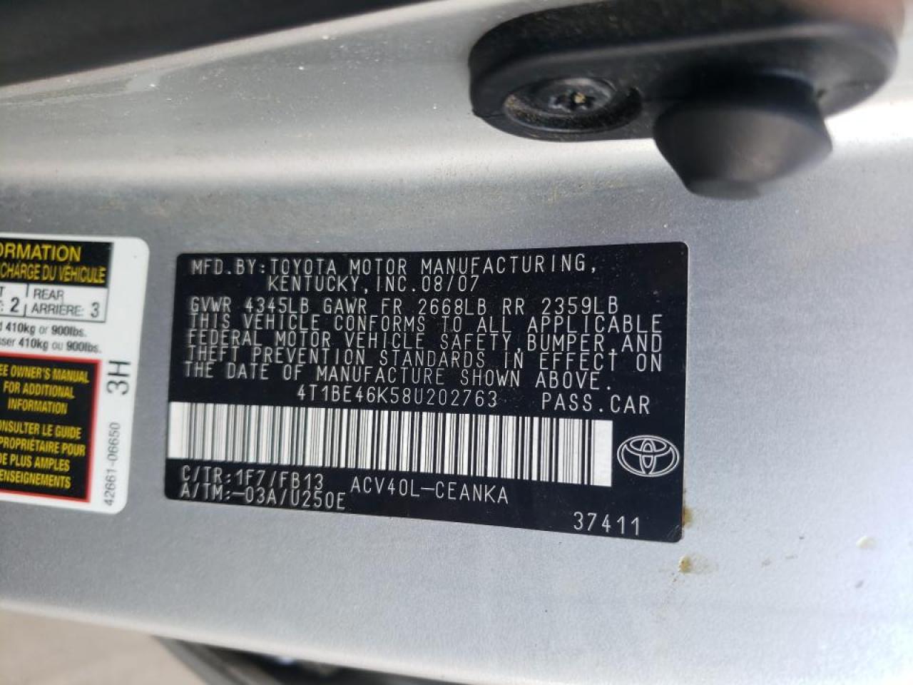 Photo 10 from auction – 2008 TOYOTA CAMRY CE with VIN 4T1BE46K58U202763