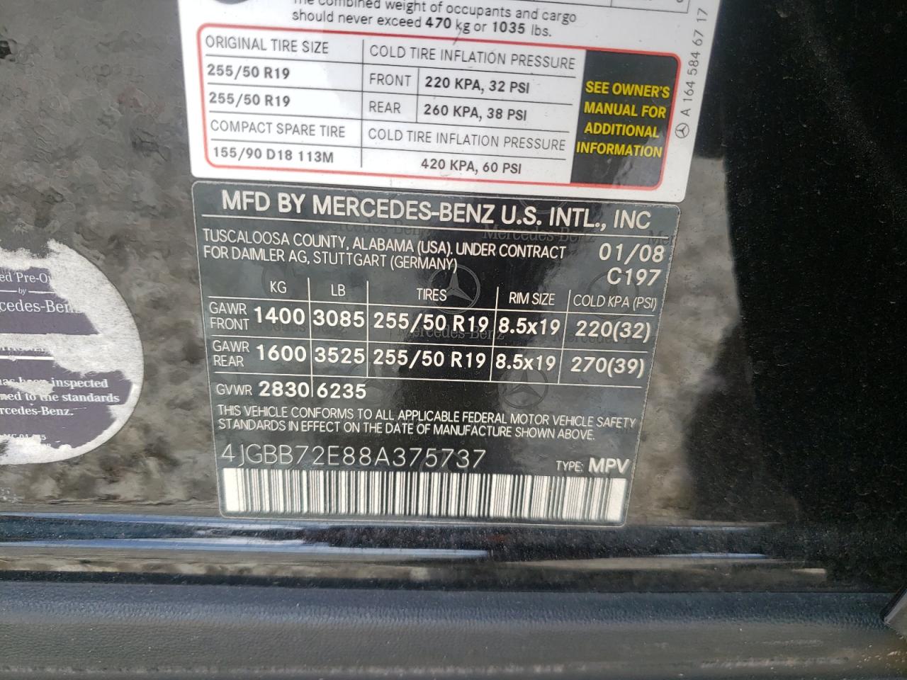 Photo 10 from auction – 2008 MERCEDES-BENZ ML 550 with VIN 4JGBB72E88A375737